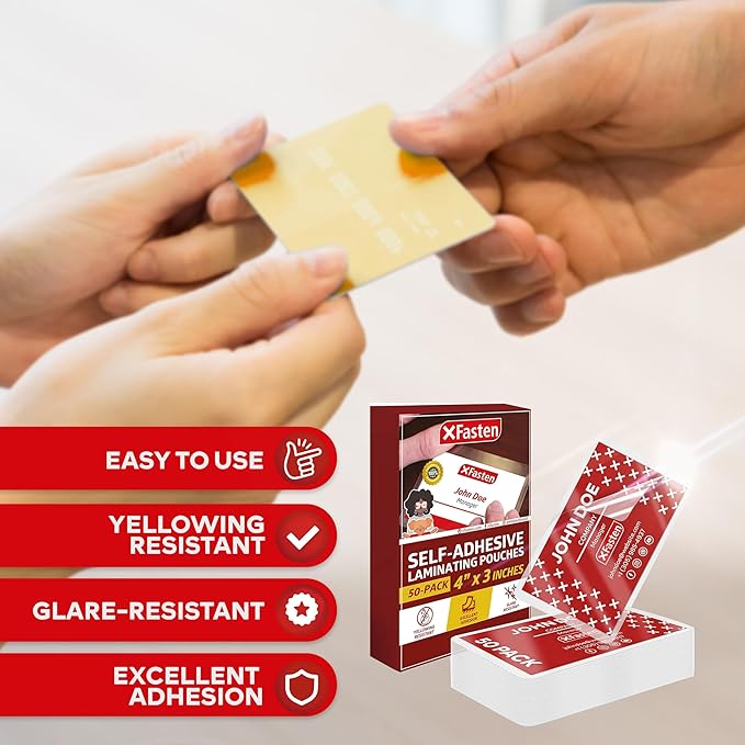 XFasten Self Sealing Laminating Pouches Business Card Size, 50-Pack, 10 Mil Non-Yellowing Business Card Laminating Pouches, Self-Adhesive Laminate Sheets, Durable, No Machine Needed, 4 in x 3 in
