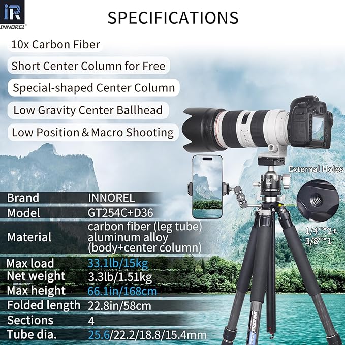 INNOREL Carbon Fiber Camera Tripod GT254C Professional Compact Portable Tripod for DSLR Camera Lightweight Camera Stand with Low Gravity Center Ballhead Special-Shaped Center Column Load 33.1lb/15kg