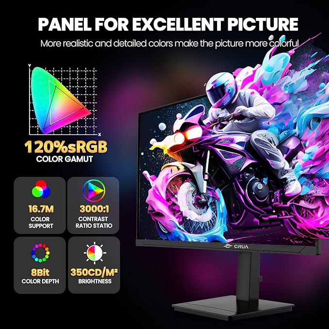 CRUA 27” Gaming Monitor, IPS UHD (3840x2160) Dual Mode (4K 144Hz or FHD 300Hz), 120% sRGB, Support Rotating/Vertical, AMD FreeSync, Built-in Speakers, HDMI 2.1 & DP 1.4, Wall Mount Install-Black