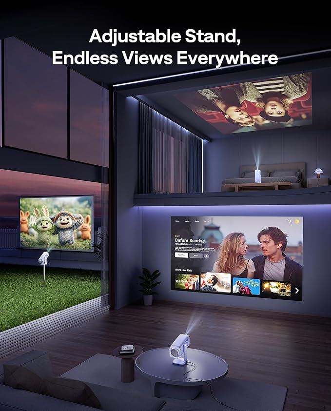 Aurzen BOOM Air Google TV Portable Projector with WiFi and Bluetooth, USB-C Powered, Smart Projector for Outdoor & Home Movie, 4K Supported, Real-Time Focus, Dolby Audio, Adjustable Stand, Off-White