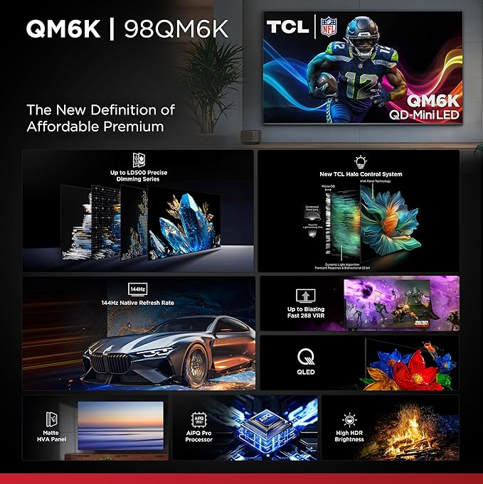 TCL 98-Inch Class QM6K Series QD-Mini LED 4K UHD Google Smart TV Best Value Mini-LED TV - QLED, 144hz, 288hz Gaming Rate, High Contrast Screen, Onkyo Audio, Dolby Atmos (98QM6K, 2025 Model)