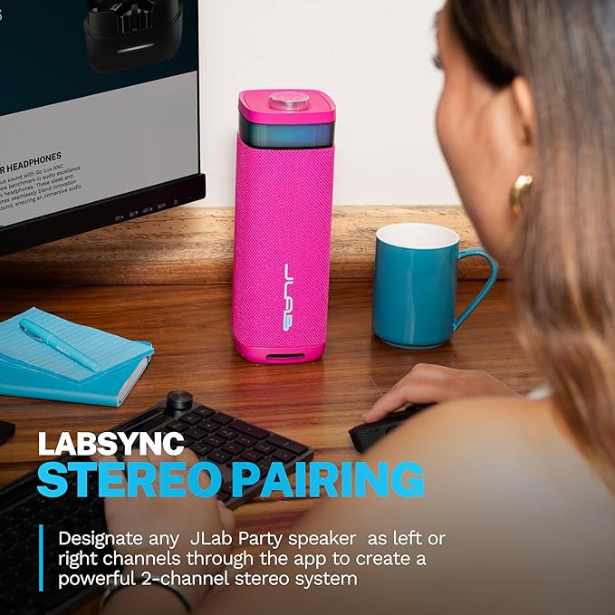 JLab JBuds Party Portable Bluetooth Speaker, 2 Full-Range Drivers + 2 Passive Woofers, IP56 Waterproof, 12 Hours Playtime, Connect Multiple Speakers, Custom Sound + RGB Lighting via App, Pink