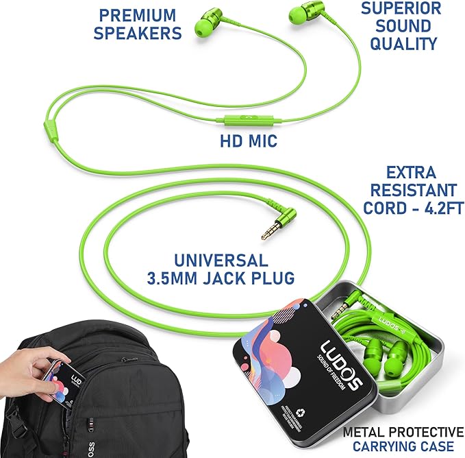 LUDOS OMNITONE Wired Earbuds in-Ear Headphones, 5 Years Warranty, Earphones with Microphone, 3.5 mm Jack Corded Ear Buds, Videoconference for iPhone, Samsung, Laptop, Kids, School Students - Green