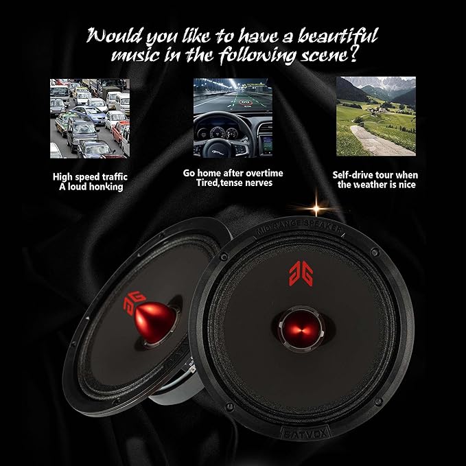 MX80E1 Midrange Loudspeaker 8" Red Bullet, 560W Max, 6 Ohms, Premium Quality Audio Door Speakers for Car or Truck Stereo Sound System, Black (2 Speaker)