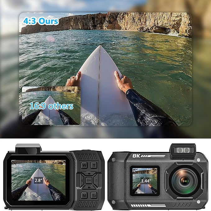 8K Waterproof Digital Camera Snorkeling: 70MP 33FT Compact Rugged Underwater Camera HD Dual-Screen with 18X Zoom Selfie 64GB Card & 2500 mAh Battery for Outdoor Scuba Diving Fishing Swimming Black