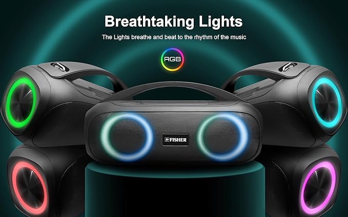 Fisher Portable Bluetooth Speaker IPX5 Water Resistent Speaker, 60W Peak Power Bluetooth Stereo Boombox HD Sound, 3H Playtime, LED Lights, TWS, BT5.3, FM Radio, AUX, Wireless Electronic Home Outdoor