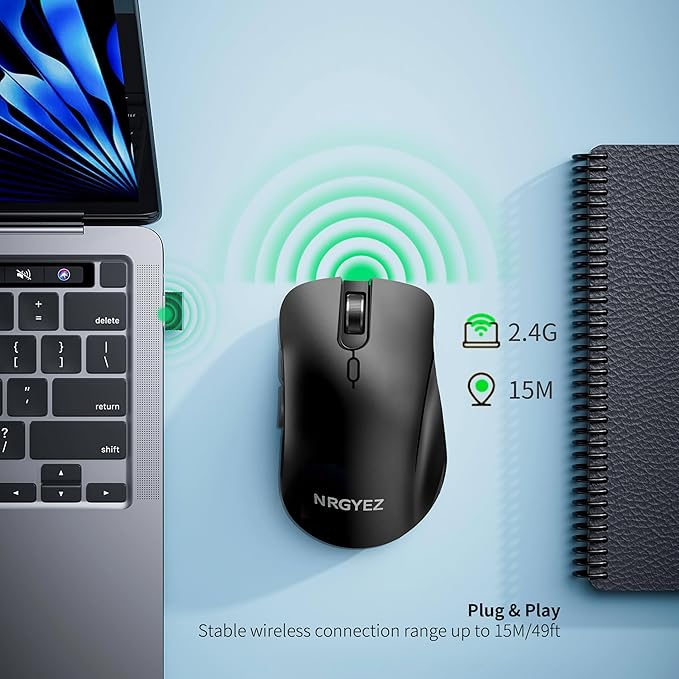 Wireless Mouse, 2.4G Ergonomic Optical Mouse, Computer Mouse for Laptop, PC, Computer, Chromebook, Notebook, 6 Buttons, 3200 DPI, 3 Adjustment Levels（Black）