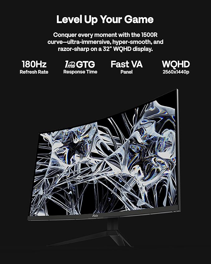 Pixio PXC328 32 inch 180Hz Refresh Rate QHD 1440p Resolution 1500R Curved Fast VA Panel 1ms GTG Response Time Adaptive Sync HDR Curved Gaming Monitor