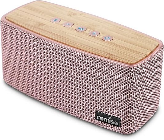 comiso Bluetooth Speakers, Portable Speaker 5.0 with 20W Stereo Sound, Wireless Stereo Pairing, Wood Bluetooth Audio with Subwoofer, 24H Playtime, Hands-Free, Great for Office, Home, Outdoor(Pink)