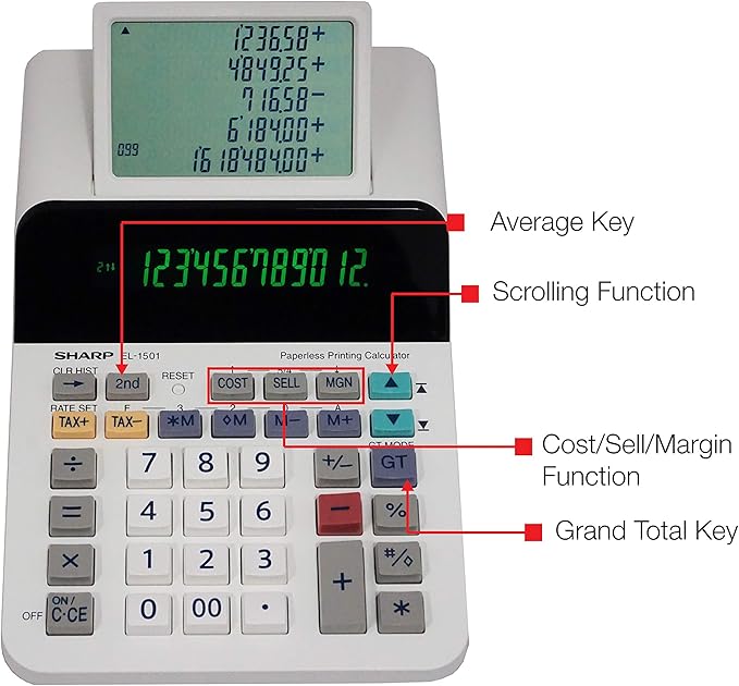 Sharp El-1501 Compact Cordless Paperless Large 12-Digit Display Desktop Printing Calculator That Utilizes Printing Calculator Logic