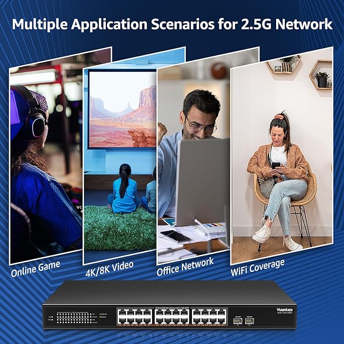 YuanLey 26 Port 2.5G PoE Switch Unmanaged, 24 x 2.5G Base-T PoE Ports, 2 x 10G SFP+, IEEE802.3af/at, 400W, Compatible with 100/1000/2500Mbps, Metal Case, Desktop/Rack Mount 2.5Gbe Network Switch