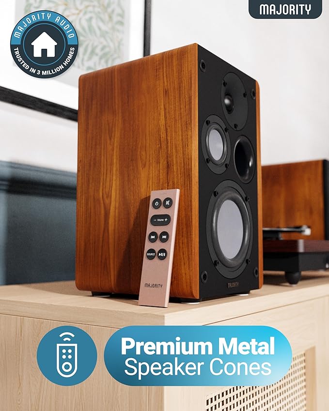 Majority Powered Bookshelf Speakers | 5.3 Bluetooth Stereo Speakers | 100W Active Bookshelf Speakers | Powered Studio Monitor Speakers with Xtra Bass & 3 Drivers D100