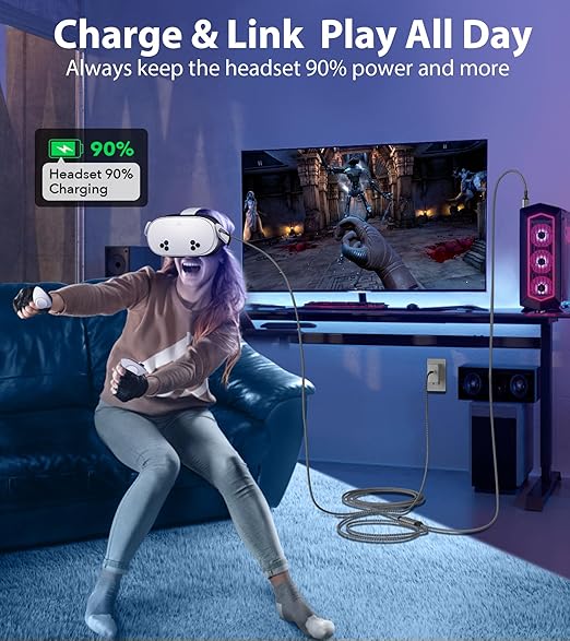 Link Cable 16FT for Meta Quest 3S, Quest 3, Oculus Quest 2/Pro Accessories/PC and Steam VR, Charging Cable While Playing All Day, with USB C Sufficient Power Charger for VR Headset