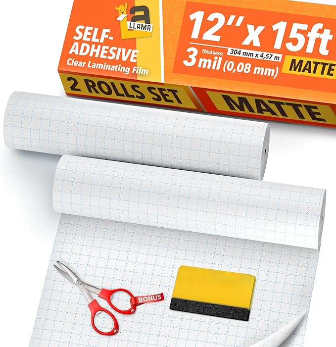 Laminating Roll Self Adhesive Durable Clear Vinyl Laminate Roll for Anti-Glare Surface (Matte 12" x 15' 3mil 2 Pack)