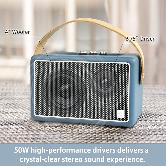 Vintage Bluetooth Speakers, KONEX 40W Leather Portable Wireless Speaker, Bluetooth 4.2 Heavy Bass Music Player, 20H Long Playtime, Mid Century Modern Decor for Home, Office, Party, Gift for Friend