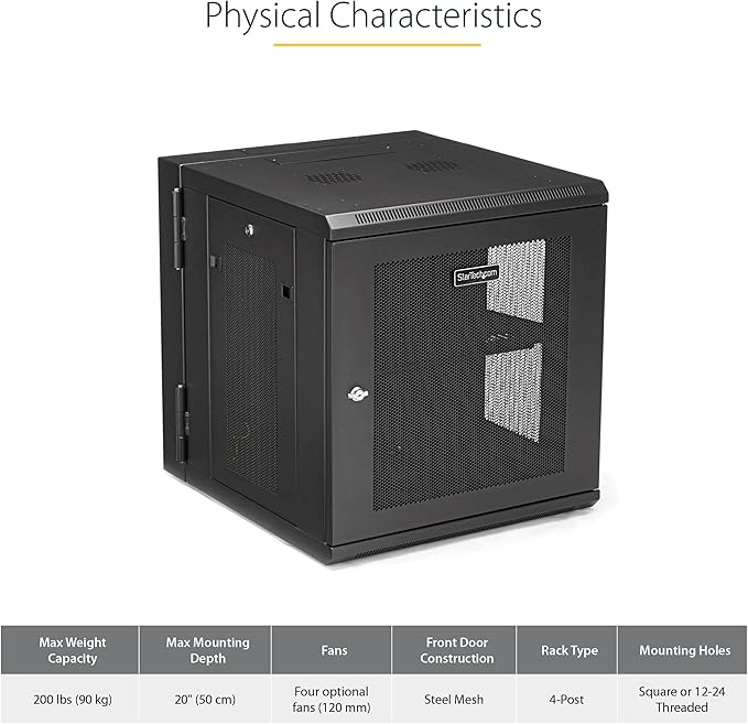 StarTech.com 4-Post 12U Wall Mount Network Cabinet with 1U Shelf, 19in Wall-Mounted Server Rack Kit, Up to 20in Mounting Depth, Ships Fully Assembled