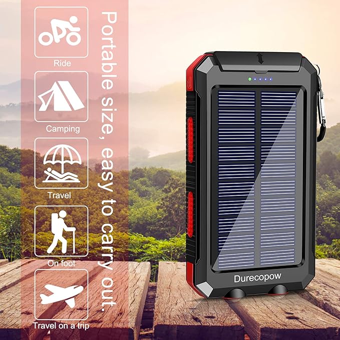 Solar Charger Power Bank, 20000mAh Portable Outdoor Waterproof Solar Battery Charger, Camping External Backup Battery Pack USB C Ports Input/Output, 2 Led Light Flashlight with Compass (Red)