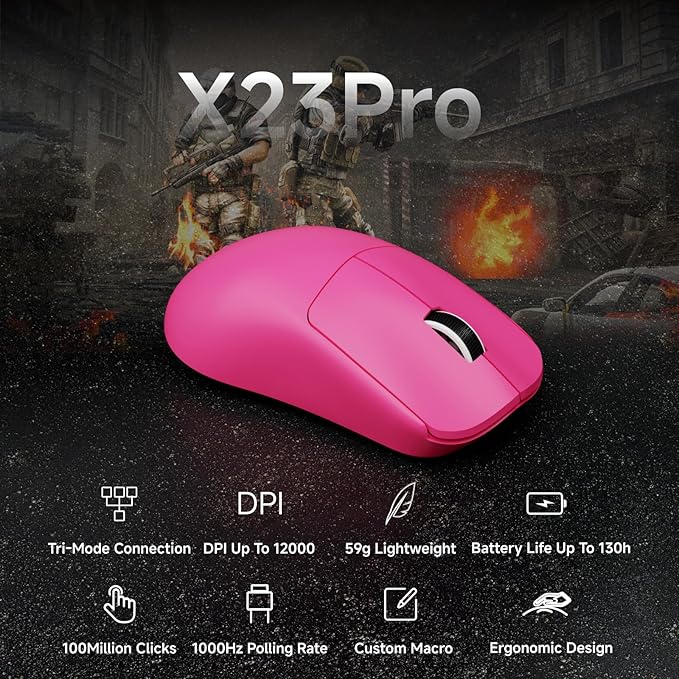 X23Pro Wireless Gaming Mouse, 59g Ultra-Lightweight, 800mAh Rechargeable Mouse, PAW3311 Sensor, 12000 DPI, Tri-Mode Wireless Mouses with 6 Programmable Buttons, Grip Tape, for PC/Mac, Pink