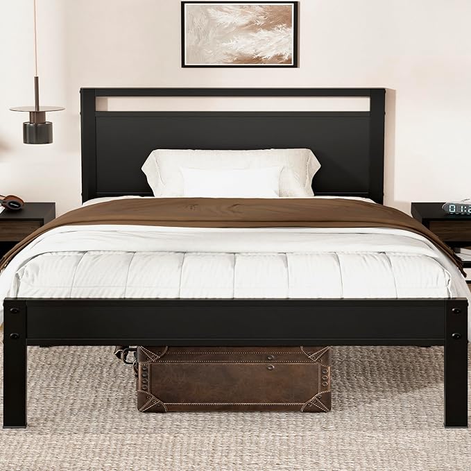 Z-hom Upgraded Twin Bed Frames, Heavy Duty Metal Sturdy Bed Frame Twin Size with Modern Wood Headboard & Footboard, Stable Platform Bed Furniture Bed Storage, No Noise, No Box Springs, Black