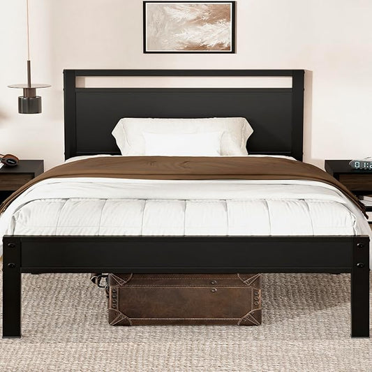 Z-hom Upgraded Twin Bed Frames, Heavy Duty Metal Sturdy Bed Frame Twin Size with Modern Wood Headboard & Footboard, Stable Platform Bed Furniture Bed Storage, No Noise, No Box Springs, Black