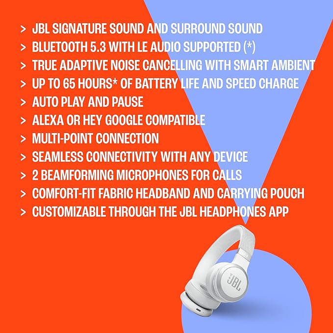 JBL Live 670NC - Wireless On-Ear Headphones with Adaptive Noise Cancelling with Smart Ambient, Up to 65H Battery Life with Speed Charge, Lightweight, Comfortable and Foldable Design (Black)