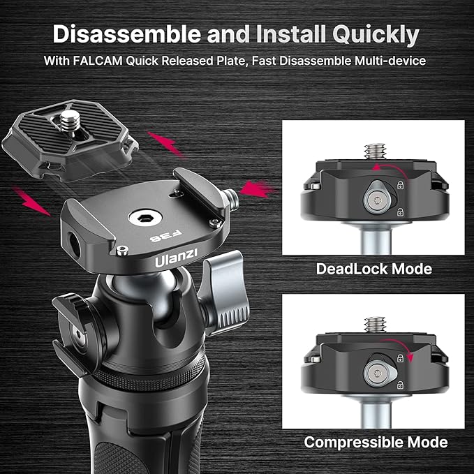 ULANZI Camera Tripod, MT-46 Aluminum Alloy Phone Tripod for Camera with F38 Quick Release Plate, 4 Levels Adjustment 360 Ball Head with Cold Shoe Lightweight Portable Vlog Travel Selfie Stick for DSLR