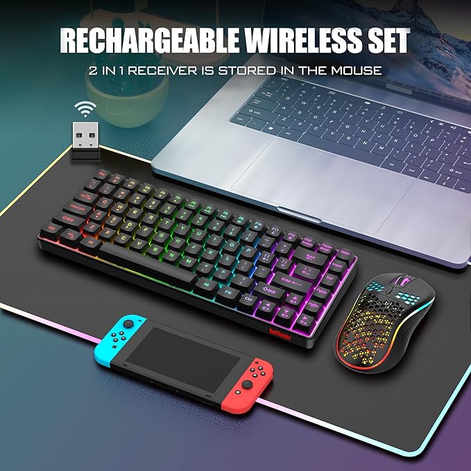 RedThunder K84 Wireless Keyboard and Mouse Combo, Rainbow Backlit Rechargeable Battery, 75% Layout TKL Ultra Compact Gaming Keyboard & Lightweight 3200 DPI Honeycomb Optical Mouse (Black)