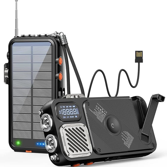 BROWEY Solar Power Bank Wireless Charger 16000mAh Built in Hand Crank and 3 Cables with Emergency Radio & Flashlight, 20W Fast Charging for Cell Phones, Portable Charger for Apple Watch