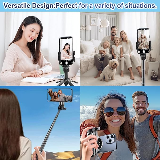 2-in-1 Magnetic Phone Tripod Stand with Zoom, Portable Mini Extendable Selfie Stick with Remote, Lightweight Handheld Cell Phone Tripod for Photos & Videos