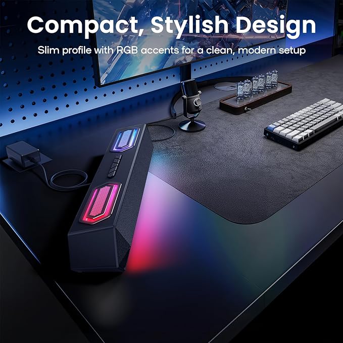 Deeyaple Computer Speakers, 40W Wireless Soundbar for Desktop PC with Bluetooth 5.3 & USB Audio, Software Custom EQ, Dynamic RGB Lighting, External Power Adapter Gaming Speakers, Laptop, Xbox (Black)