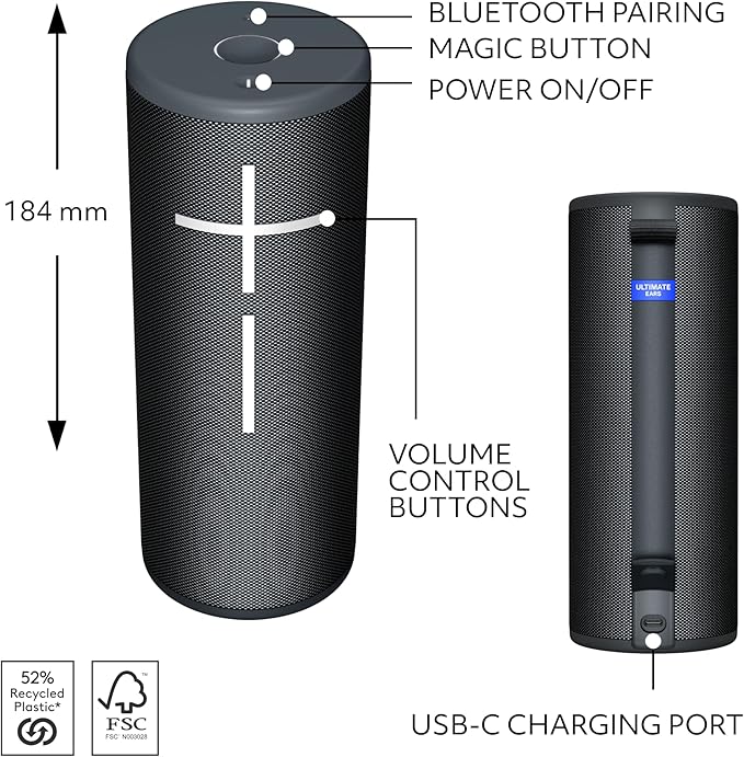 Ultimate Ears Boom 4 Portable Waterproof Bluetooth Speaker with 360-Degree Immersive Sound, Outdoor Floating Speaker, 15-Hour Battery, 147ft Range - Black