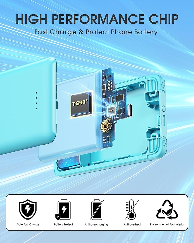 TG90° 5000mAh Slim Portable Charger,Ultra Compact Portable Charger with Built-in AC Wall Plug & USB-C Fast Charging,Pocket Size Travel Charger Compatible with iPhone 17 16 15 14 Samsung S22 S21 iPad