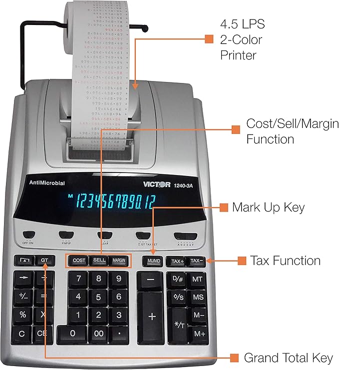Victor 12-Digit Desktop Adding Machine, Large Easy To Read Display, Tape Print Out with 4,5 lines-per-second ribbon printer, Tax, Cost, Sell and Margin keys (1240-3A)