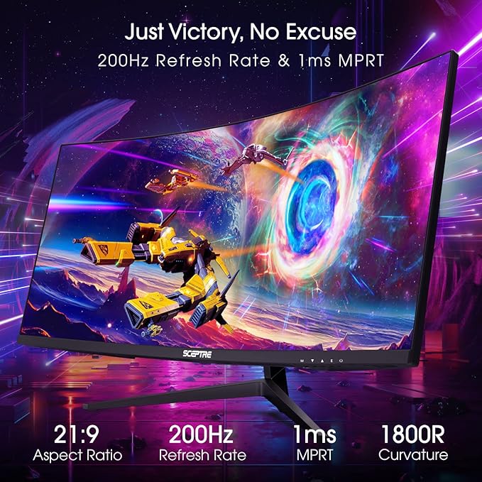 Sceptre 30-inch Curved Gaming Monitor 21:9 2560x1080 Ultra Wide/ Slim HDMI DisplayPort up to 200Hz Build-in Speakers, Metal Black (C305B-200UN1)