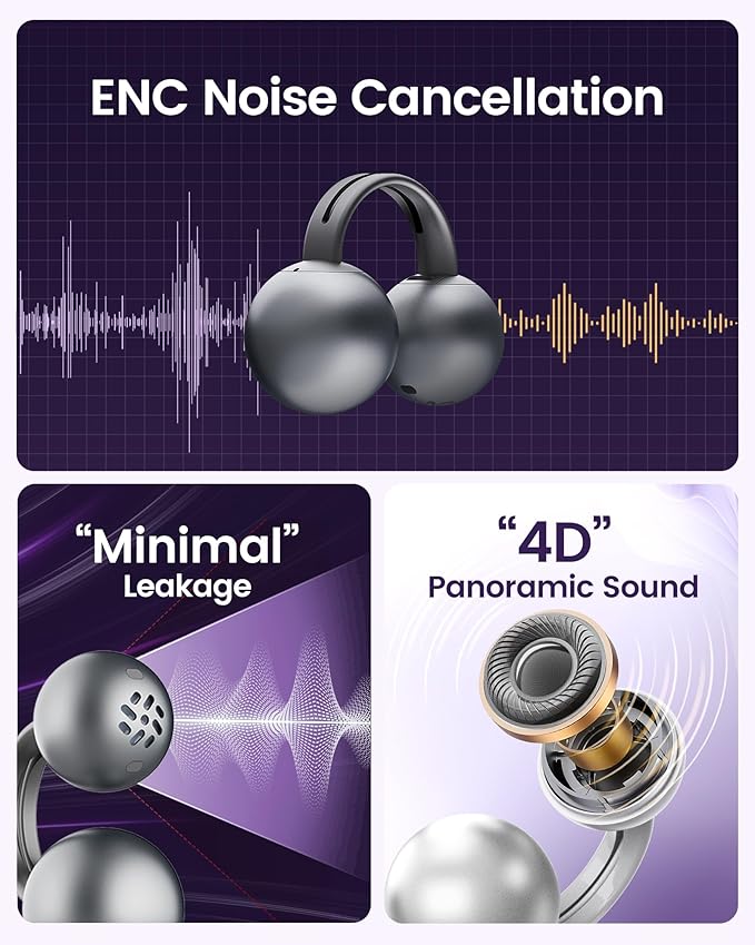 StarClip Open-Ear Wireless Bluetooth Headphones, Clip-On Earbuds with Soft Silicone Pads, 4D Panoramic Sound, Enhanced Comfort & Secure Fit, IP54 Water-Resistant Ear Grips for Workout, Black