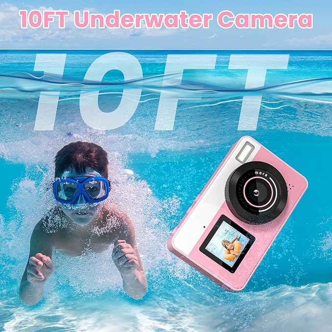 4K Digital Camera Waterproof, Point and Shoot Cameras for Photography, 10FT Underwater Camera with Dual Screens,18X Digital Zoom, 32GB TF Card, Selfie Cameras for Teens Beginners Girls Boys Kids(Pink)