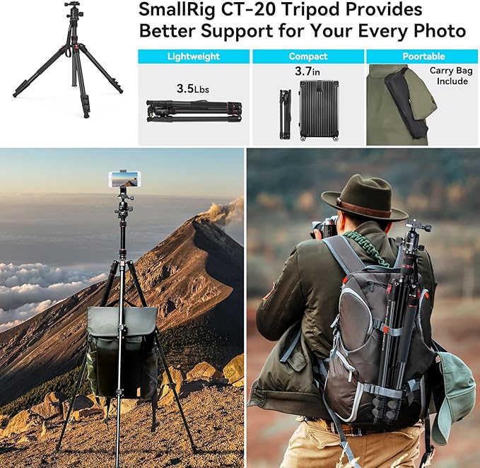 SmallRig CT-20 Camera Tripod, 78.7" Foldable Aluminum Tripod & Monopod, 360°Ball Head Detachable and Quick Release Plate, Payload 33lb, Adjustable Height from 18.5" to 78.7" for Camera, Phone - 3474C