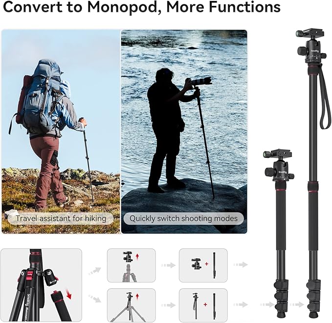 SmallRig CT-20 Camera Tripod, 78.7" Foldable Aluminum Tripod & Monopod, 360°Ball Head Detachable and Quick Release Plate, Payload 33lb, Adjustable Height from 18.5" to 78.7" for Camera, Phone - 3474C