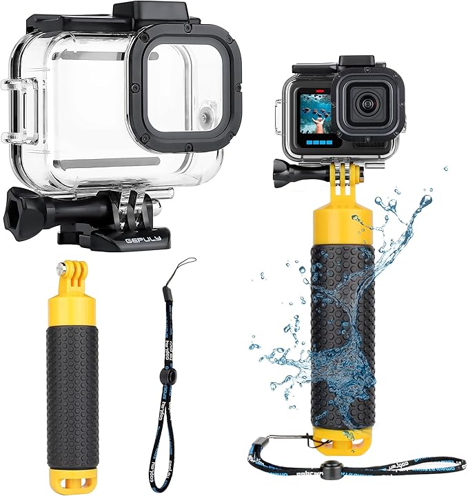 60M/196FT Waterproof Case for GoPro Hero 13 12 11 10 9 Black, Floating Handle Grip Pole Stick Monopod Underwater Accessories Protective Case Dive Shell