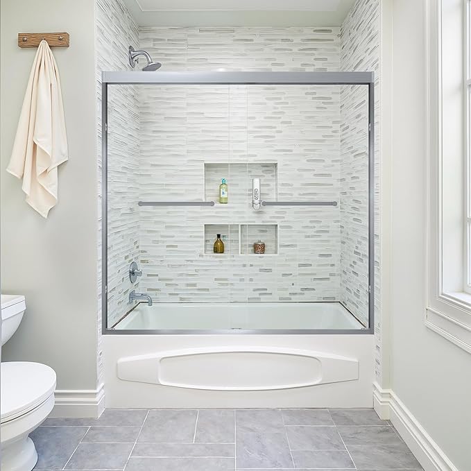 56-60" W x 62" H Tub Shower Door Bathroom Double Sliding Shower Door 5/16"(8mm) Thick Tempered Glass Shower Door with Stainless Steel Handle for Bathtub, Brushed Silver