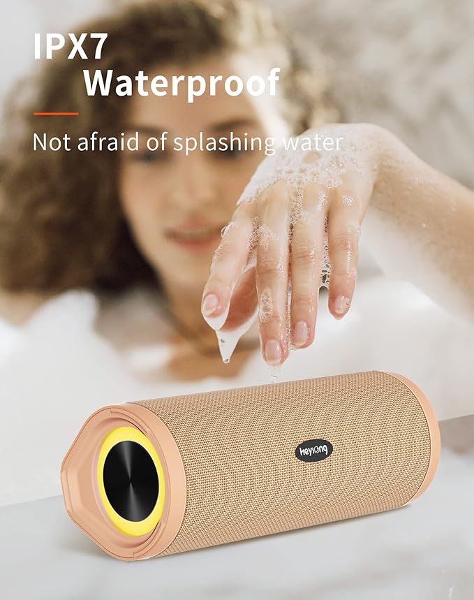 HEYSONG Portable Bluetooth Speaker, Waterproof Wireless Shower Outdoor Speakers, IPX7 Floating, 5000mAh, TF Card, Good Bass, Loud Sound for Beach, Pool, Kayak Accessories, Gifts for Men-Apricot