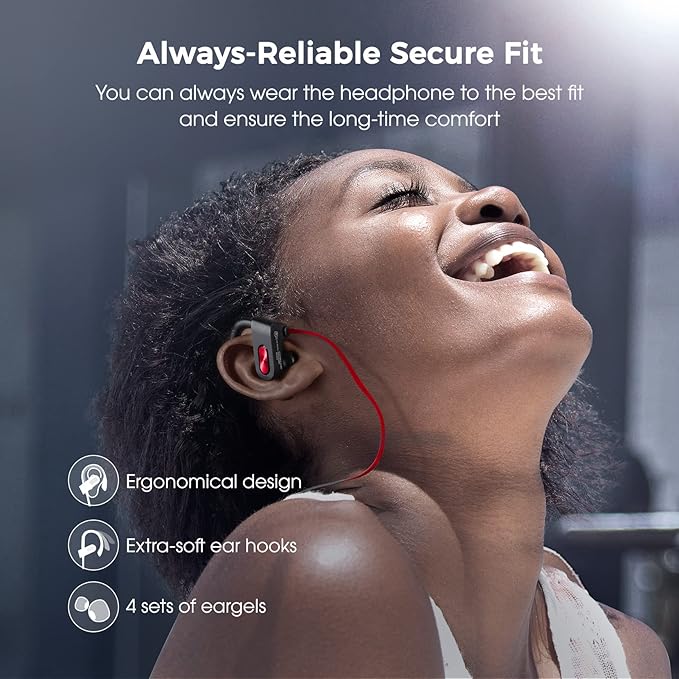 Sport Bluetooth Headphones with Microphone, 16H Deep Bass Running Headphones Wireless, IPX7 Waterproof Wireless Earbuds with Ear Hooks, CVC 6.0 Noise Cancelling Earbuds for Calls, Red