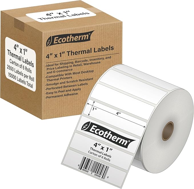 4" x 1" Thermal Labels | 6 Rolls | 15000 Labels | fits Zebra, Munbyn, Rollo, Godex, Arkscan, iDPRT, Offnova Thermal Label Printers and More | Blank White Adhesive Stickers by Ecotherm