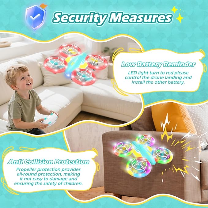 LED RC Drone for Kids 6+, Christmas Birthday Gift for Boys & Girls with Remote Batteries, 360° Flips, 3 Speed Modes, 45 Min Flight Indoor and Outdoor Flying Toy - Blue Yellow