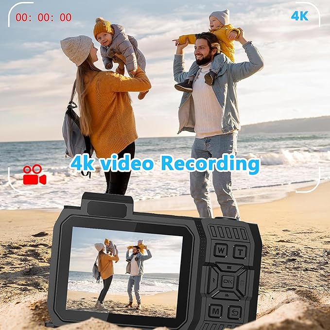 4K Waterproof Digital Camera Snorkeling: 65MP 33FT Compact Rugged Underwater Camera Dual-Screen with 18X Zoom 64GB Card & 2500 mAh Battery for Outdoor Scuba Diving Swimming Black