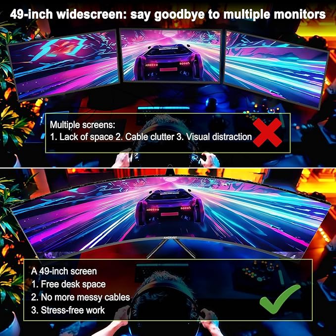 Amzfast 49 Inch Curved Monitor 120Hz DQHD 5120x1440p Ultrawide Gaming Monitor, 120% sRGB, 3000:1, 1ms, HDR, Adaptive Sync, PIP/PBP, Low Blue Light, HDMI 2.0/DP 1.4, VESA 75x75, AMZG49C7U