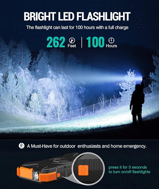 BLAVOR Solar Power Bank, PD18W QC3.0 Fast Charging 10W Wireless Charger 20000mAh Solar Powered Powerbank with Type C Input/Output, IPX5 Waterproof, Camping Flashlight, Compass, Carabiner
