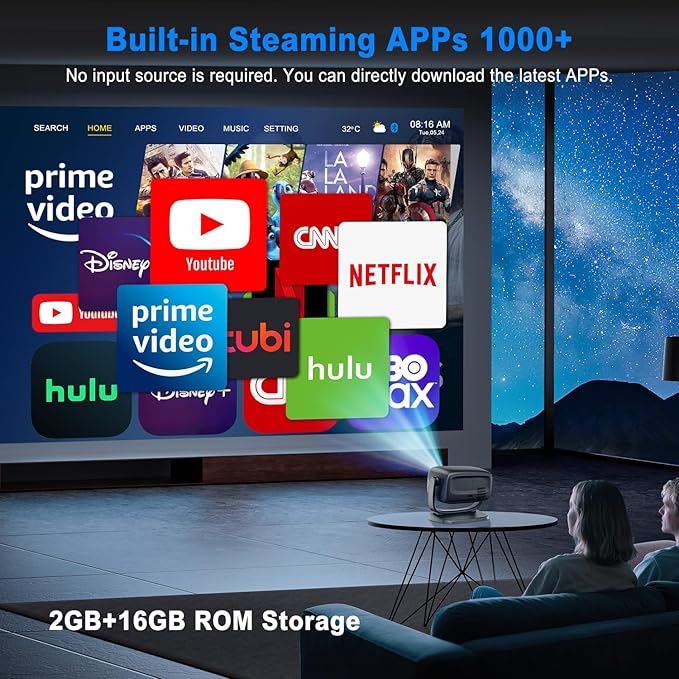 [Built-in App] Mini Projector, 4K Projector with 180° Rotation, FHD 1080P Portable Projector WiFi 6 & Bluetooth 5.2 Support, Smart Outdoor Projector Max 220" Compatible with iPhone/Android/TV Stick