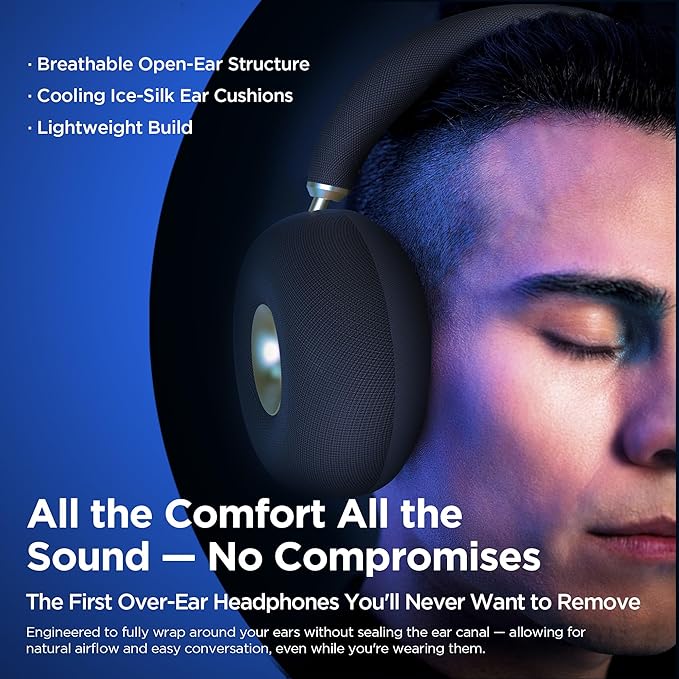 BUGANI AirCore Open-Ear Wireless Headphones: Bluetooth 5.3 Over-Ear Headset with Removable Noise-Canceling Ear Caps, Dual-Driver HiFi Sound, 24H Battery Life Comfortable Fit, Type-C Fast Charging