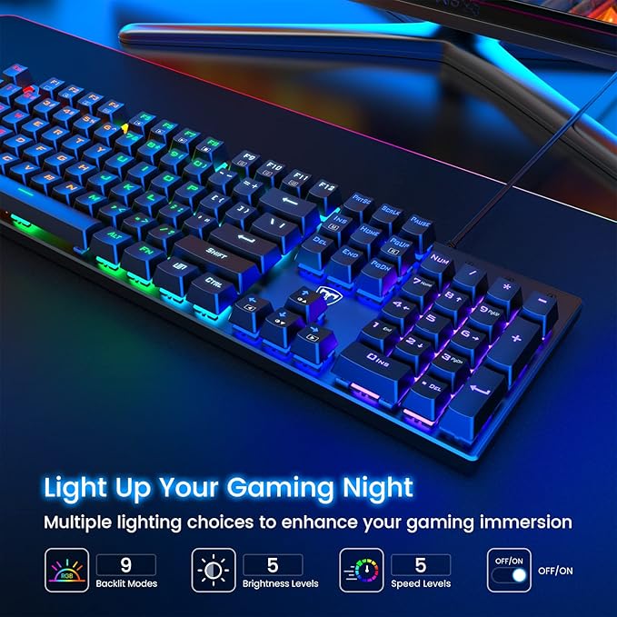 RisoPhy Mechanical Gaming Keyboard, RGB 104 Keys Ultra-Slim LED Backlit USB Wired Keyboard with Blue Switch, Durable Abs Keycaps/Anti-Ghosting/Spill-Resistant Computer Keyboard for PC Mac Xbox Gamer